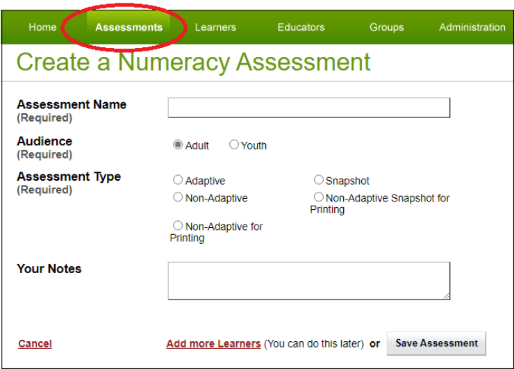Creating assessments screenshot