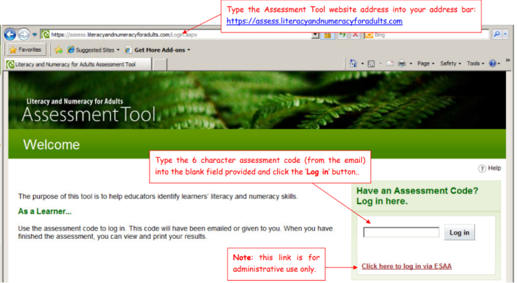 Learner assessment code login screenshot