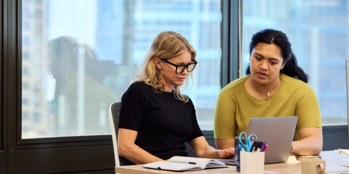 Two office workers at laptop